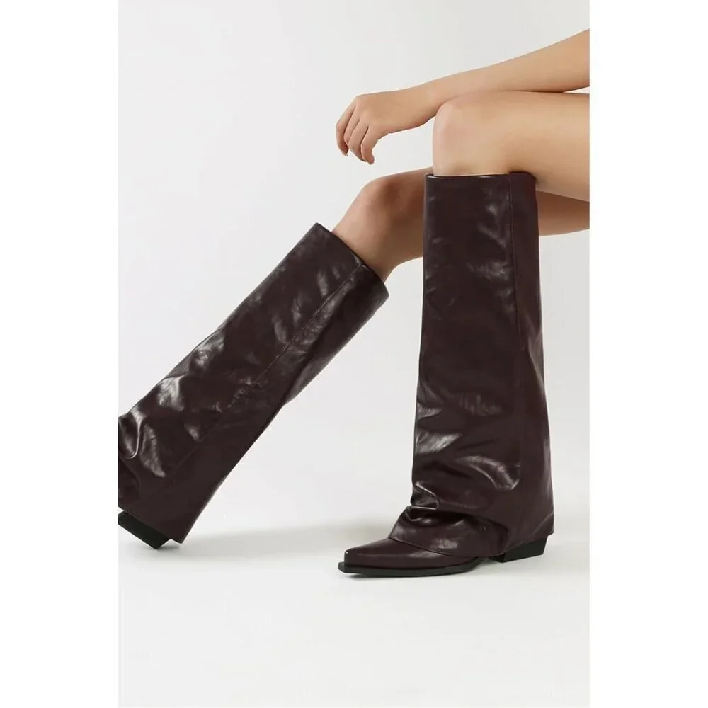 Women Brown Wide Calf Slouchy Shark Pointed Toe  Fold Over Knee High Tall Boots